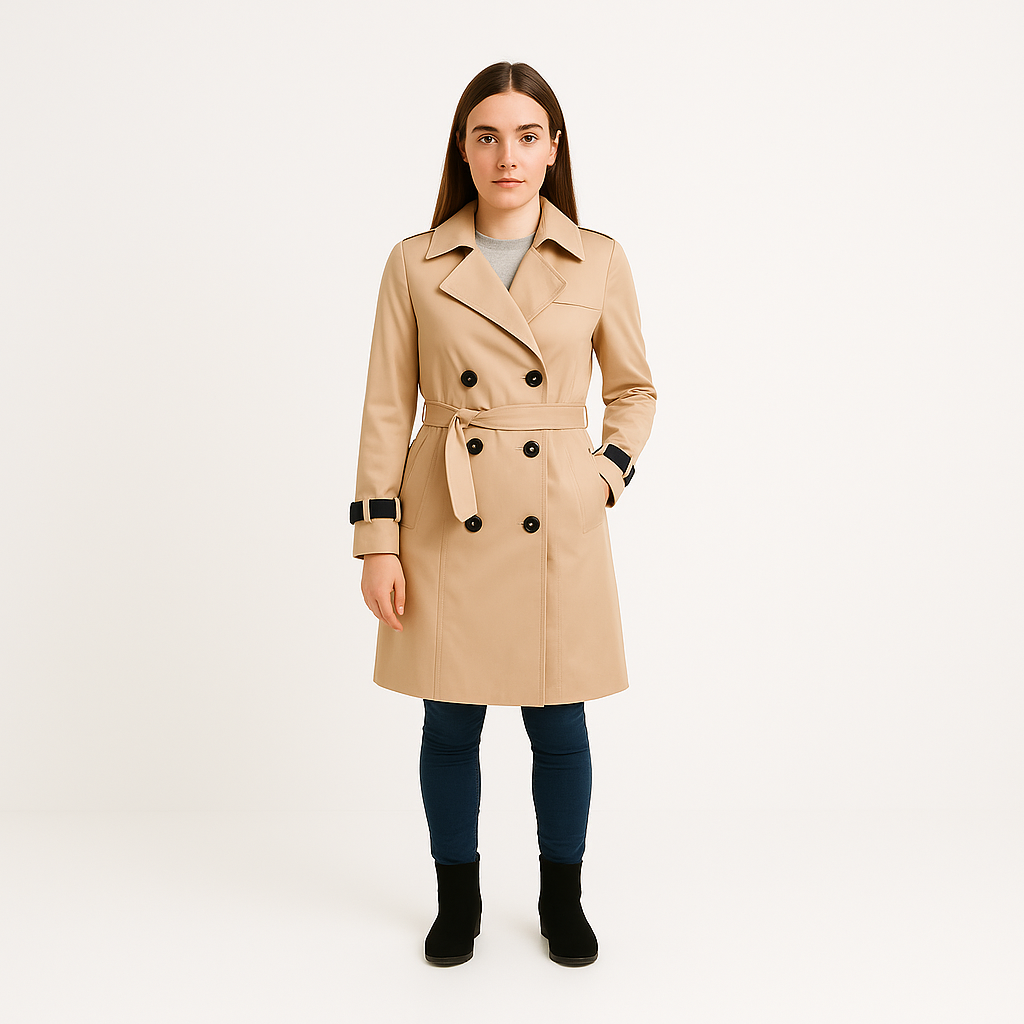 Damski elegancki płaszcz trencz z paskiem dwurzędowy